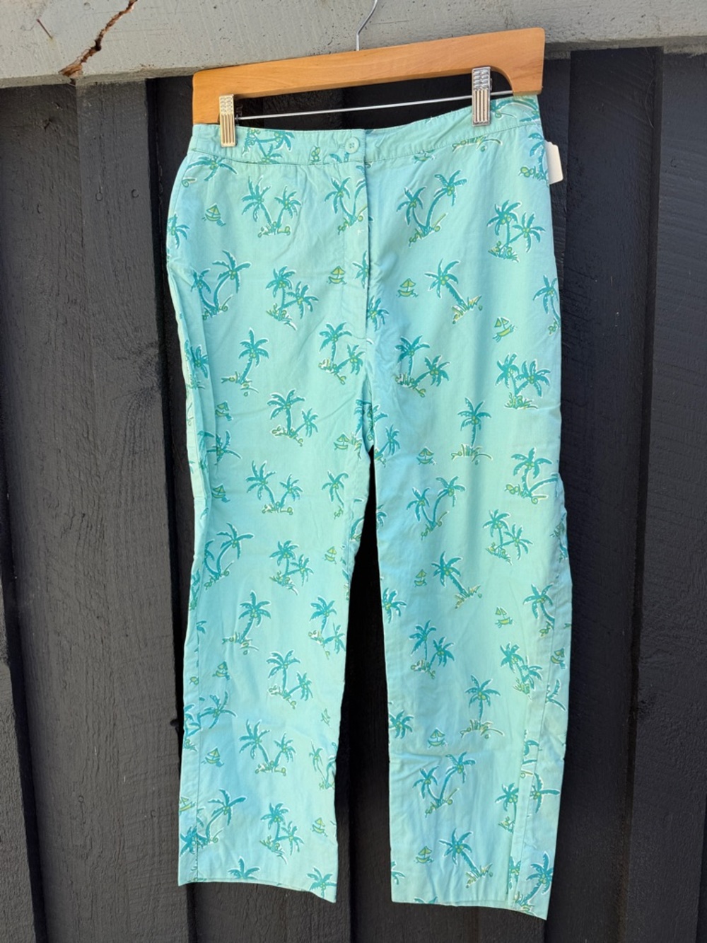 Vintage Lilly Pulitzer Light Aqua Palm Print Casual Pants EUC